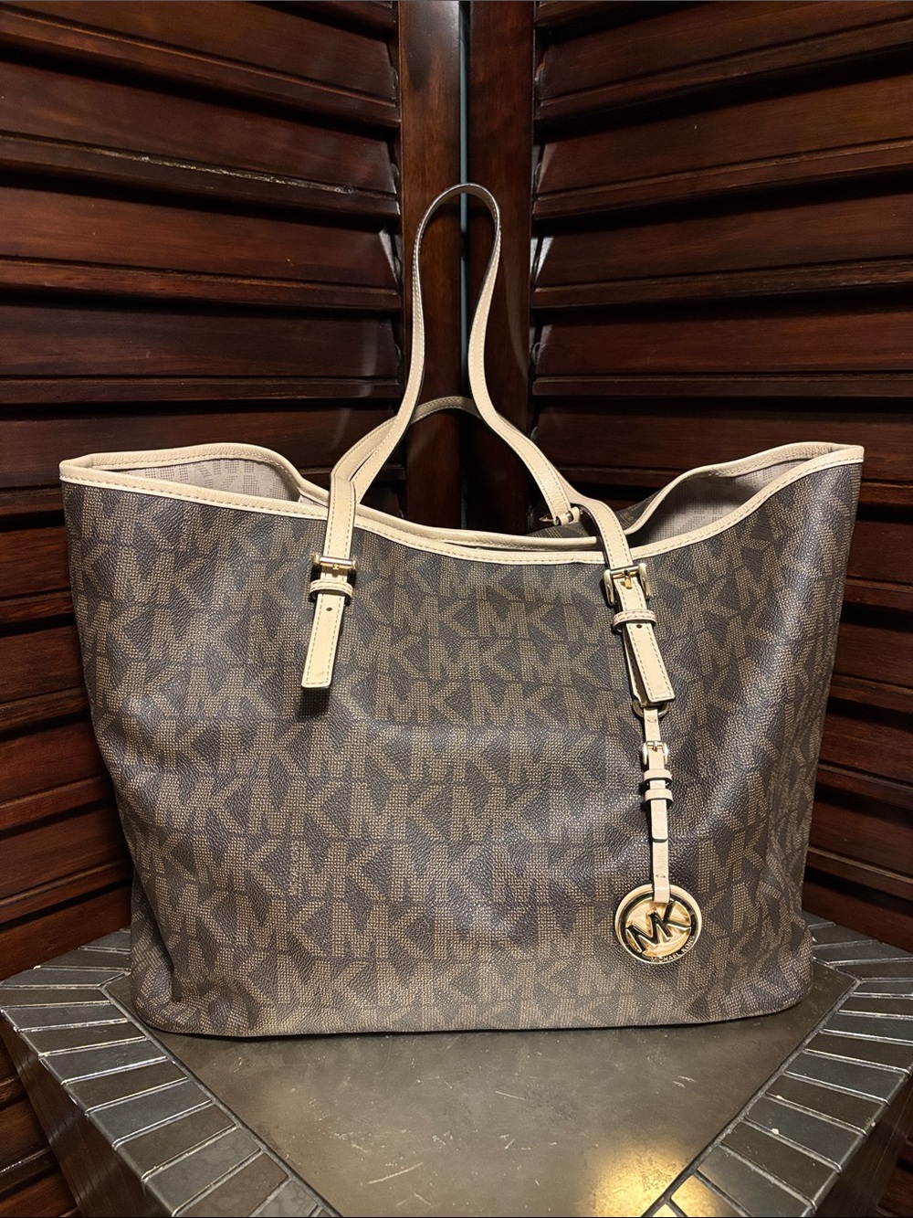 Michael Kors Brown and Beige MK Logo Large Tote Bag